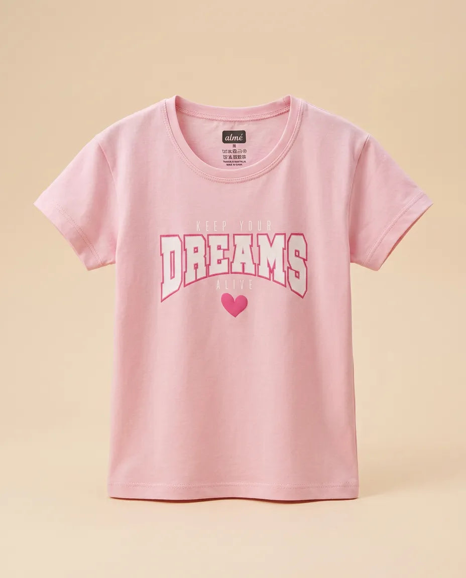 BOBSİ CO Kız Çocuk Dreams Baskılı Pamuklu 3'lü Tişört Seti – Pembe, Lila & Sarı