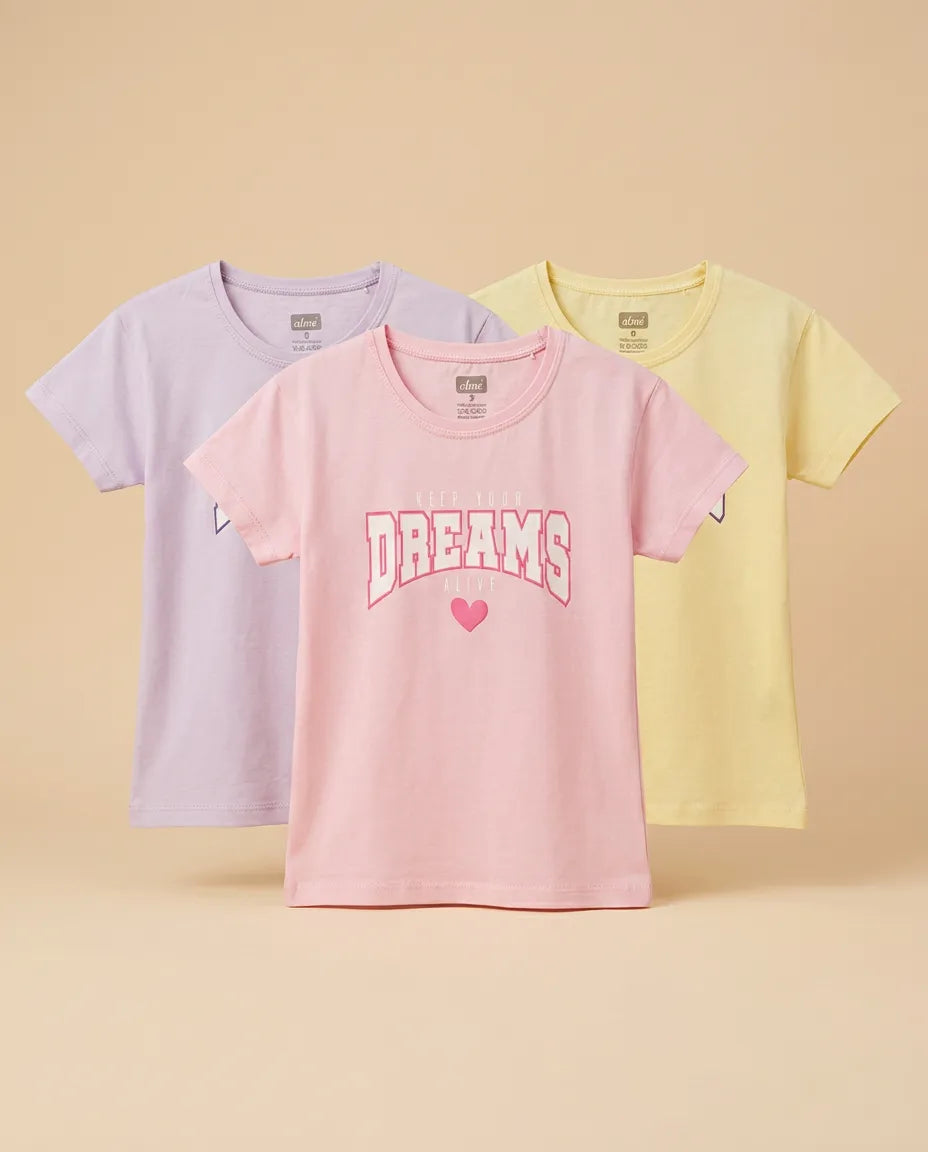 BOBSİ CO Kız Çocuk Dreams Baskılı Pamuklu 3'lü Tişört Seti – Pembe, Lila & Sarı