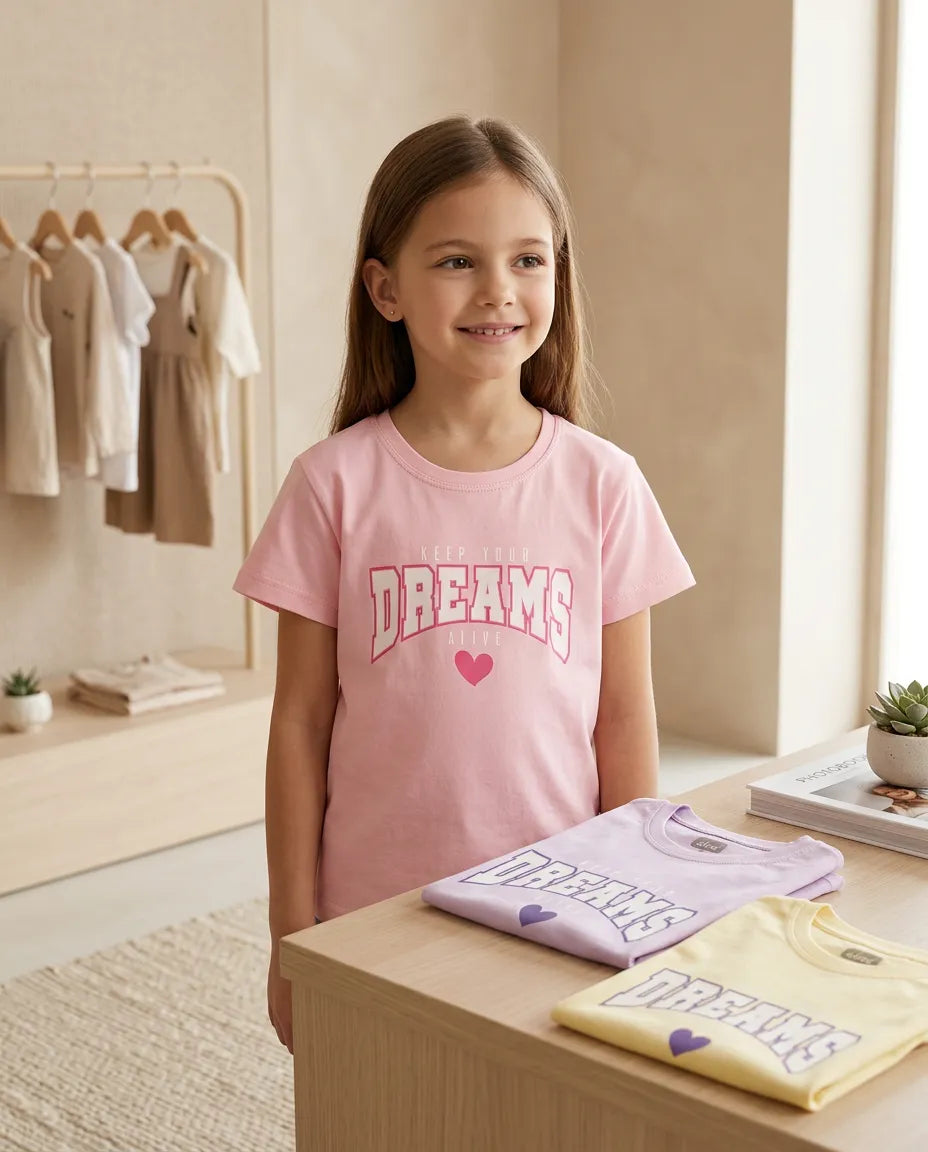 BOBSİ CO Kız Çocuk Dreams Baskılı Pamuklu 3'lü Tişört Seti – Pembe, Lila & Sarı