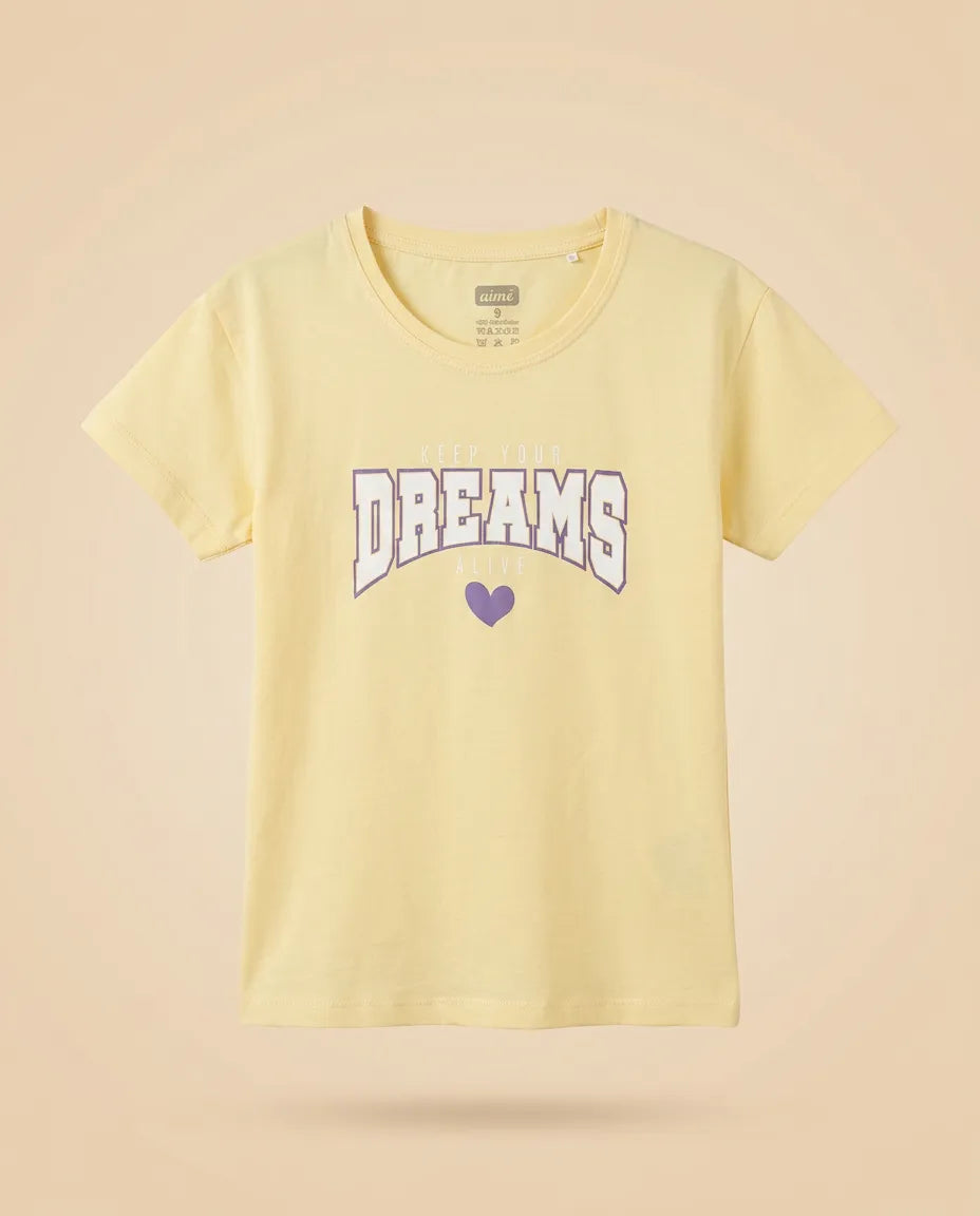 BOBSİ CO Kız Çocuk Dreams Baskılı Pamuklu 3'lü Tişört Seti – Pembe, Lila & Sarı