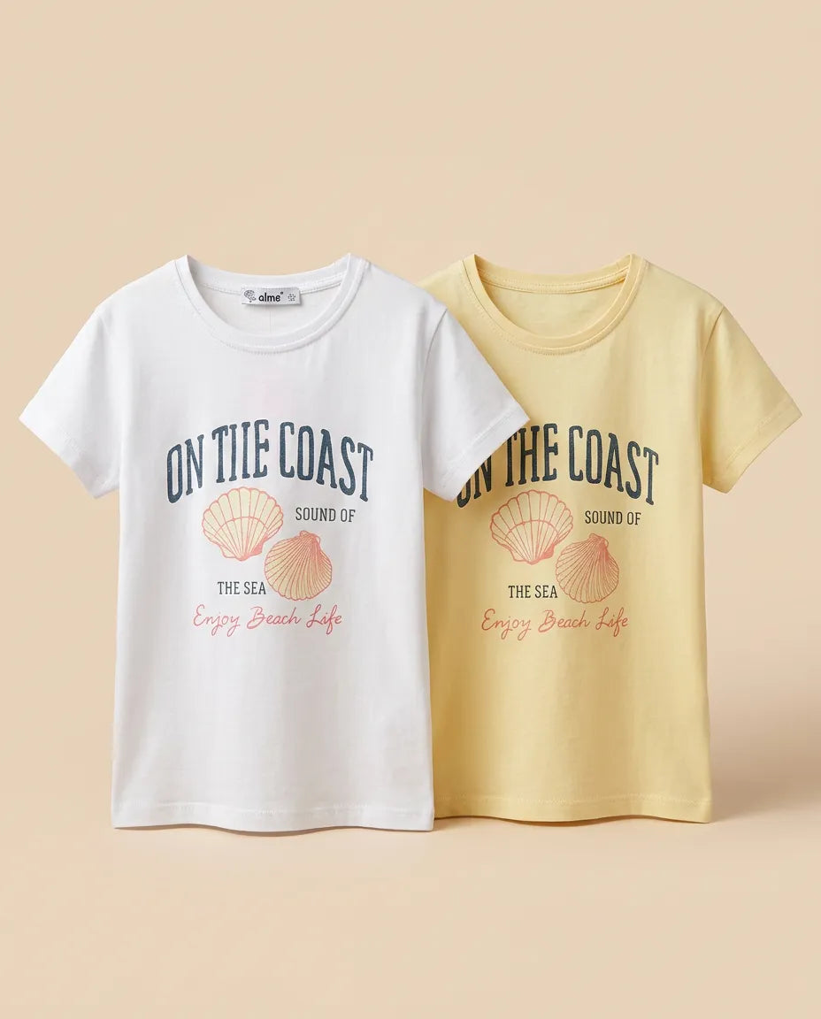 Kız Çocuk Yazlık 2'li Pamuklu Tişört Seti - On The Coast Baskılı
