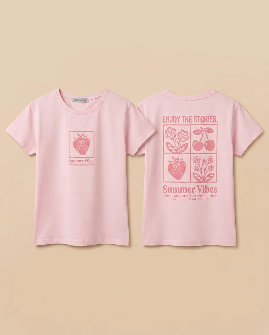 Kız çocuk pembe Summer Vibes baskılı ön ve arka görünümlü pamuklu tişört.