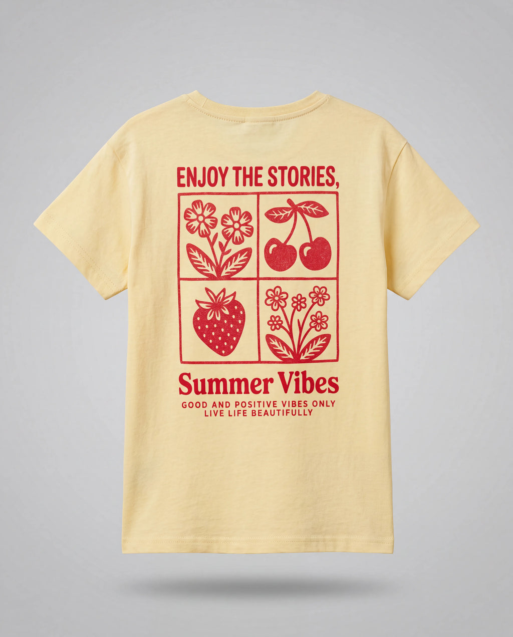 BOBSİ CO Kız Çocuk Summer Vibes Baskılı Pamuklu Kısa Kollu Tişört - Sarı